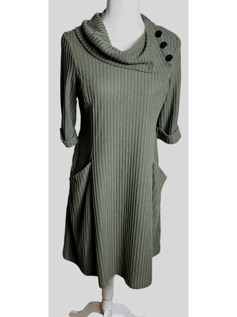 Olive Green Rib Cowl Sweater Dress Pockets Cozy Cabincore Forest Girl Layer Wm L